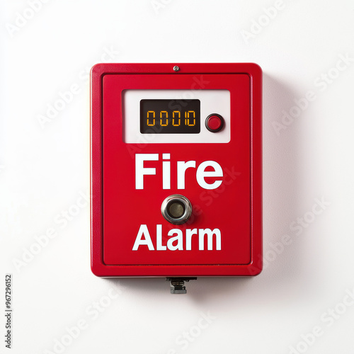 Red fire alarm box mounted on wall Close-up of a red fire alarm box with a button and digital display mounted on a white wall, representing emergency safety equipment