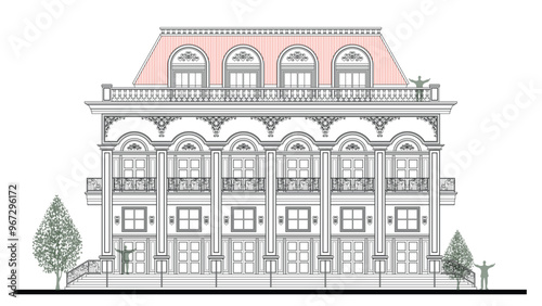Vector symmetrical façade design of 3 storeys classic building with steep roof slope, 10 big windows, 7 columns, 12 doors, long balustrade, stair and crown.
