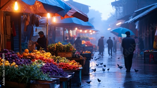 Fototapeta Naklejka Na Ścianę i Meble -  Bustling Morning Market Scene with Fruits and Vegetables Stands in Misty Weather