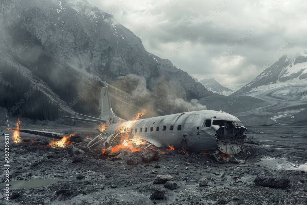 The wreckage of a plane lies in a desolate mountainous landscape, shrouded in fog and lit by delicate flames, evoking a scene of poignant ruin. The wreckage of a plane lies in a desolate mountainous landscape, shrouded in fog and lit by delicate flames, evoking a scene of poignant ruin.