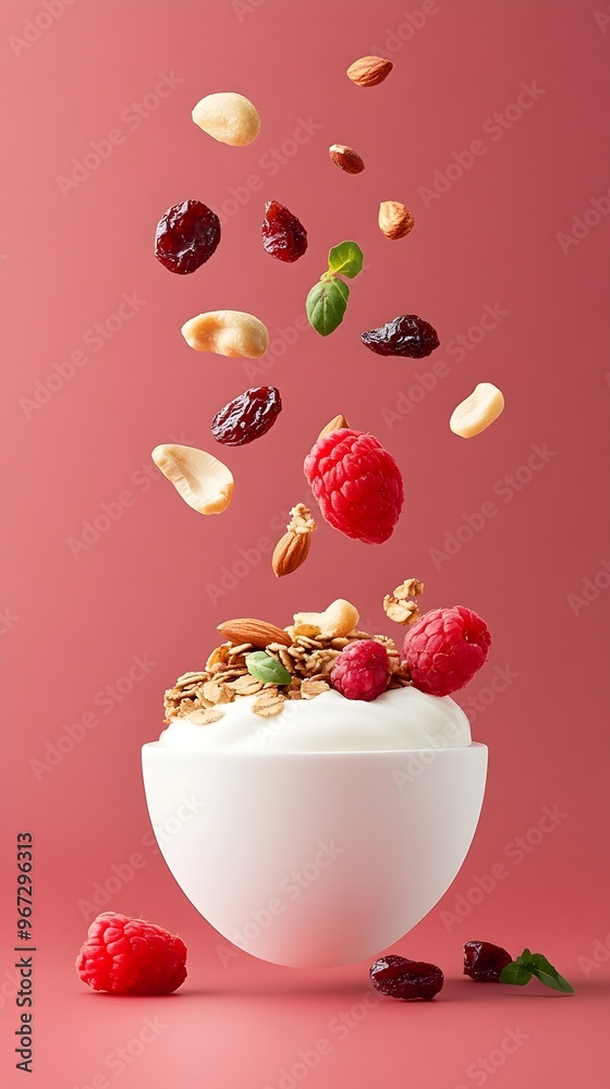 Granola Delight A Bowl of Creamy Yogurt Topped with Nutty Clusters and Dried Fruit Captivating Texture Against a Clean Background Granola Delight A Bowl of Creamy Yogurt Topped with Nutty Clusters and Dried Fruit Captivating Texture Against a Clean Background