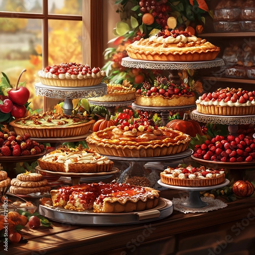 A table full of pies and other desserts, with a window in the background. Scene is festive and celebratory, as it is a display of food for a holiday gathering