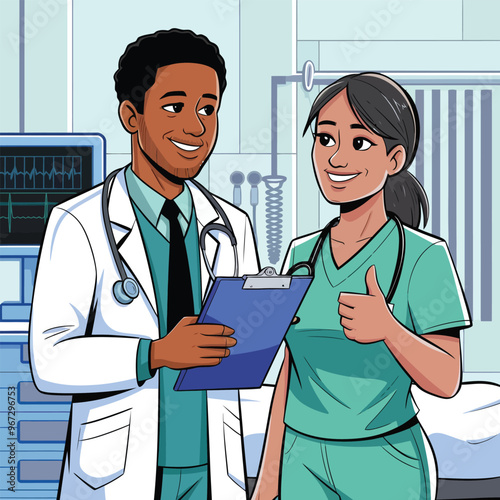 A smiling black male doctor in a white coat with a stethoscope, holding a clipboard, talking to a smiling female nurse giving a thumbs up