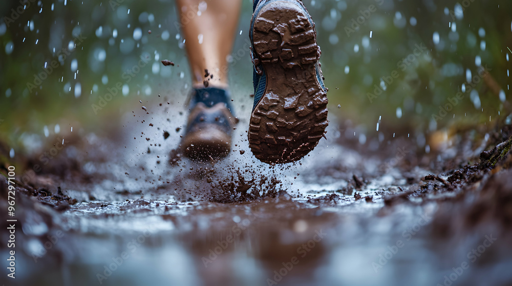 Close-up of mud-covered running shoes pounding through a slick, rain-drenched trail, droplets of water flying up with every step Close-up of mud-covered running shoes pounding through a slick, rain-drenched trail, droplets of water flying up with every step