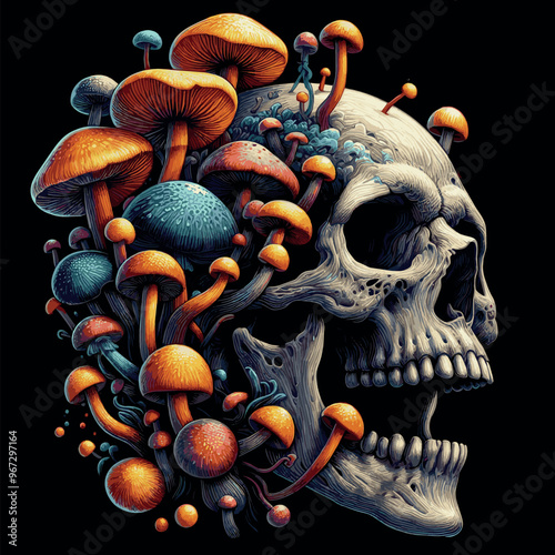 Vector design t-shirt streetwear Skull and Mushrooms