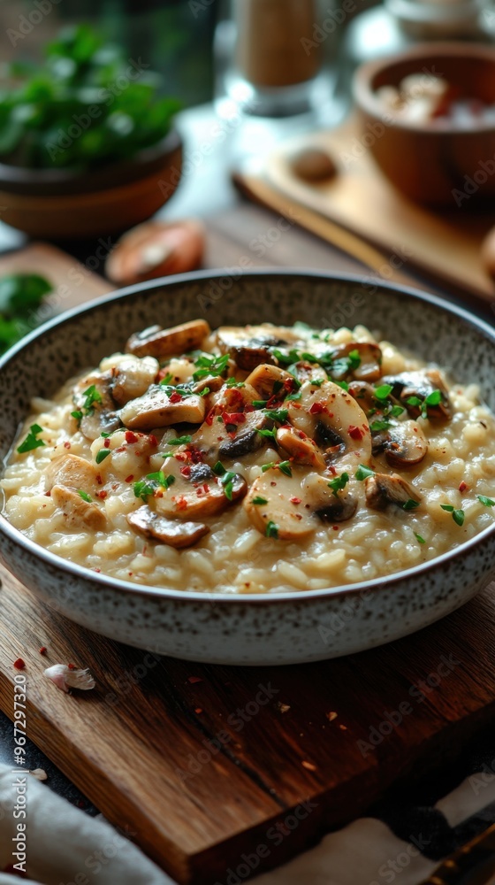 Creamy mushroom risotto served in a rustic bowl on a weathered wooden table with accent lighting highlighting the dish Creamy mushroom risotto served in a rustic bowl on a weathered wooden table with accent lighting highlighting the dish