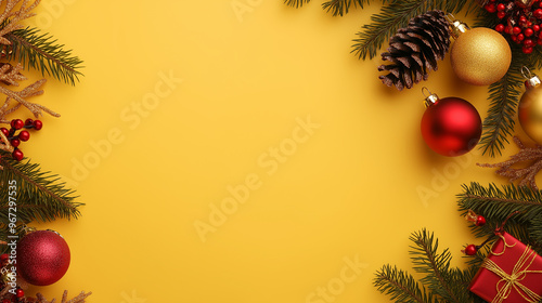 bright and festive border featuring gold and red ornaments, pine branches, and a wrapped gift arranged on a vibrant yellow background.