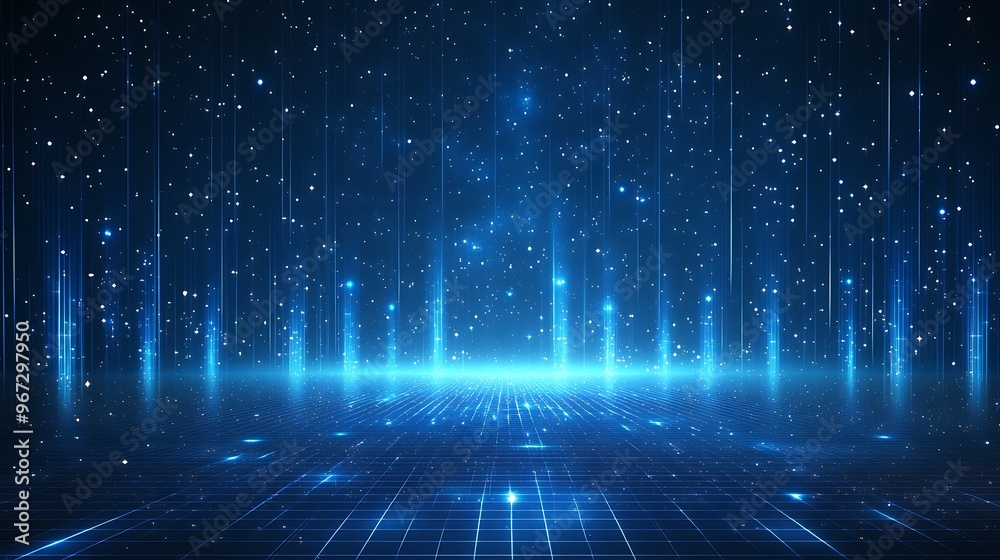 A stunning digital landscape featuring blue light rays and sparkling particles against a dark background, ideal for technology themes. A stunning digital landscape featuring blue light rays and sparkling particles against a dark background, ideal for technology themes.