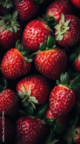 Freshly harvested imperfect strawberries from a farmer's market viewed from above in natural light with soft shadows