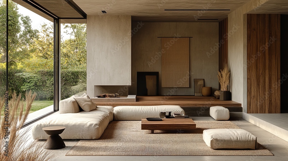 Minimalist living room with simple sleek furniture and soft neutral colors for a contemporary aesthetic. Minimalist living room with simple sleek furniture and soft neutral colors for a contemporary aesthetic.