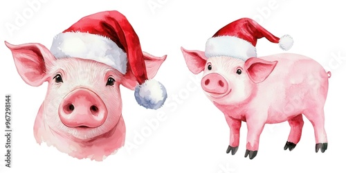 Watercolor Christmas Farmer Farm, Festive pig illustrations wearing Santa hats, perfect for holiday themes and cheerful designs. Isolate white background