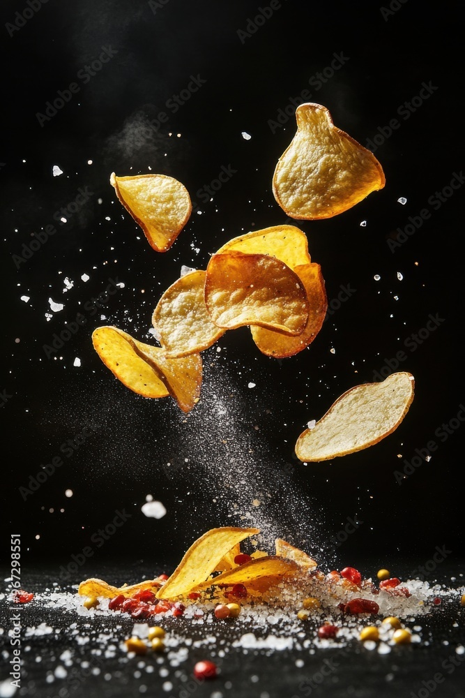 Flying potato chips breaking apart in mid-air with scattered salt and seasoning on a black background Flying potato chips breaking apart in mid-air with scattered salt and seasoning on a black background
