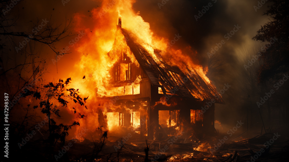 burning wooden house in the countryside in the night burning wooden house in the countryside in the night