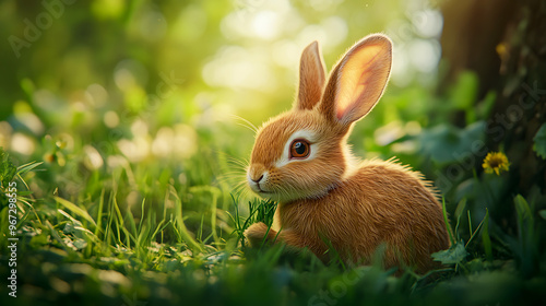 small brown rabbit nibbling on grass in a vibrant meadow, its big eyes looking curiously at the camera