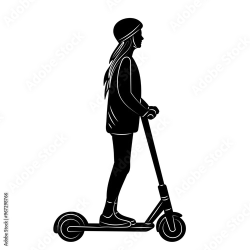 silhouette woman riding scooter on white background vector