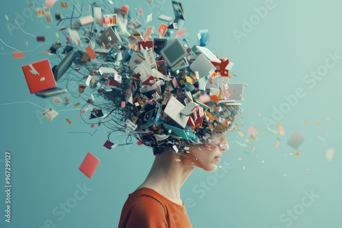 Conceptual art piece showing a woman's head exploding into a chaotic burst of multicolored objects and media, symbolizing information overload. photo