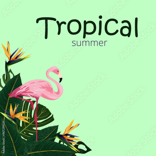 Tropical summer. Pink flamingos in the thickets of tropical leaves and flowers of the royal strelitzia. Vector illustration for design and web.
