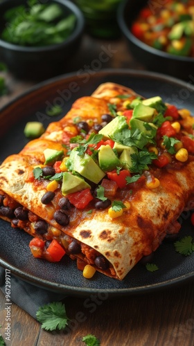 Delicious sweet potato and black bean enchiladas with avocado and cilantro on a wooden table, captured at a diagonal angle