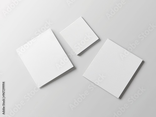 The mock-up includes a blank book cover with papers. This is a realistic mock-up with shadows on a grey background.