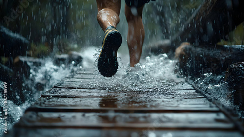 A soaked runner, drenched from head to toe, running across a narrow wooden bridge as water flows beneath them and the rain falls in sheets photo