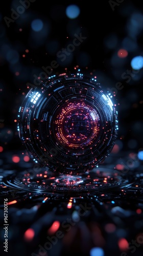 A floating futuristic sphere with intricate red and blue digital patterns, surrounded by glowing particles in a high-tech, cyber environment.