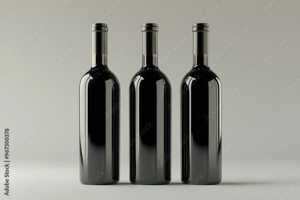 3D rendering of three black wine bottles with empty blank labels and copyspace for your brand. Concept of red wine. 3D rendering of three black wine bottles with empty blank labels and copyspace for your brand. Concept of red wine.