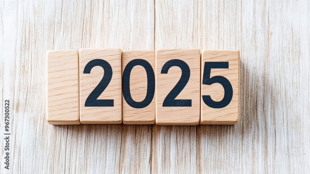Fototapeta premium Cubes displaying the year 2025 symbolize new beginnings and business resolutions for a bright future ahead in the New Year