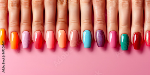 Women's fingers in a row with different and colorful manicure on a pink background.