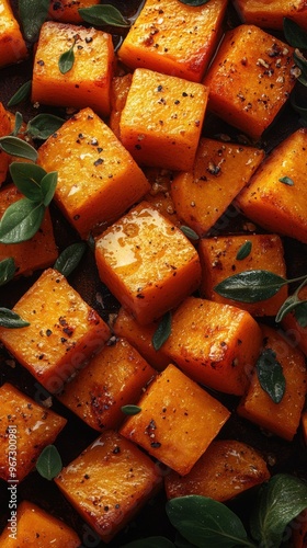 Top-down view of roasted butternut squash cubes garnished with droplets of water on a seamless background, highlighting their vibrant color photo