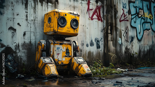 a graffiti of a robotic figure with a yellow-colored faceplate
