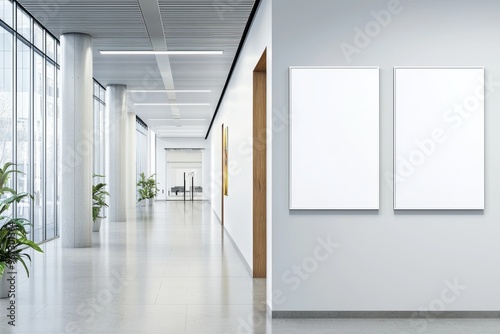 An interior rendering showing two empty white posters hanging on a concrete wall in a school with stairs and a mock-up area.