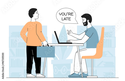Worker was late. Boss is unhappy with his late subordinate. Irresponsible employee with poor time management. Deadline pressure. Linear vector illustration