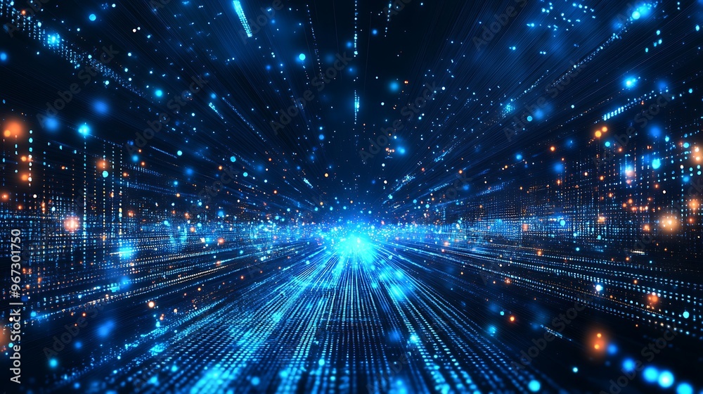Naklejka premium A stunning visualization of blue light rays creating a dynamic, futuristic atmosphere in cyberspace, perfect for technology-themed projects.