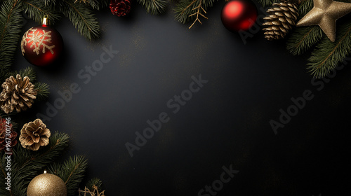  festive and elegant arrangement of red and gold ornaments, pine branches, and berries, set against a luxurious black background for a classic Christmas composition.