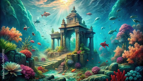 Majestic turquoise waves crash against ancient ruins of an underwater temple, adorned with coral and shells, as ethereal sea creatures swim in the mystical atmosphere. photo