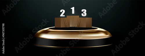 Luxurious podium. Realistic 3D model of bronze podium with highlights, reflections, shadows on black background. Pedestal with prize places for awards. Designer elegant premium platform. Vector model