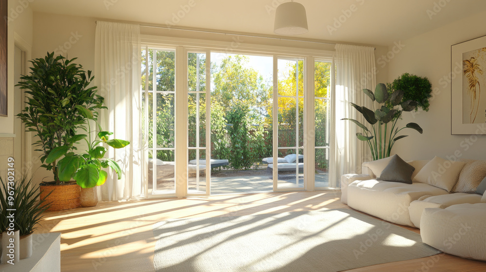 Obraz premium Bright and airy living room with large windows and plants, inviting relaxation and comfort.