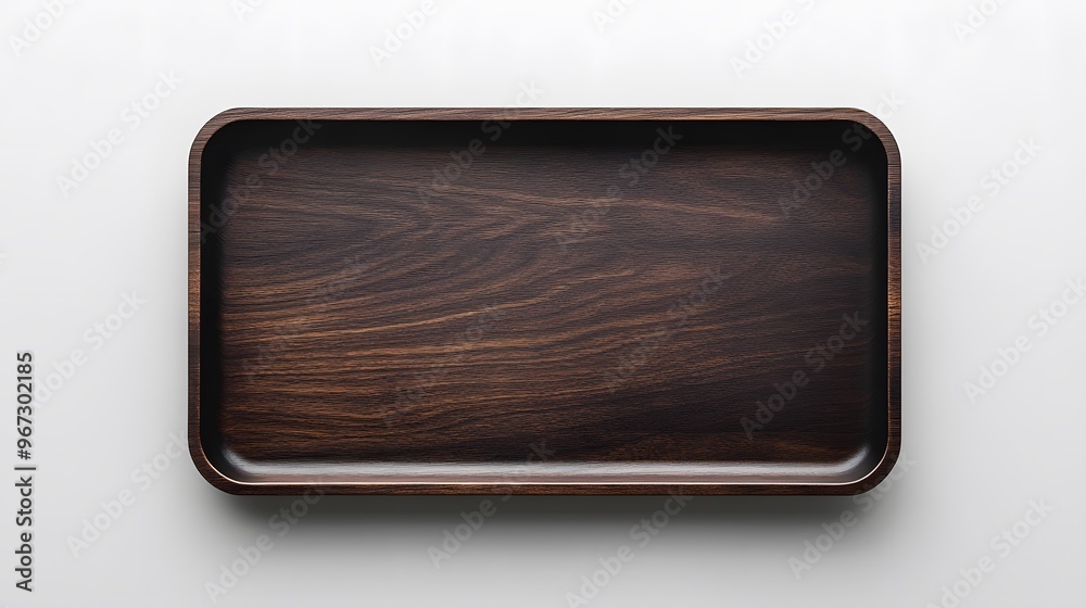 Top view of a blank wooden serving tray, dark ebony wood with a glossy surface, soft, warm lighting, minimalistic and elegant design, clear shadows, sophisticated and inviting mood, photorealistic