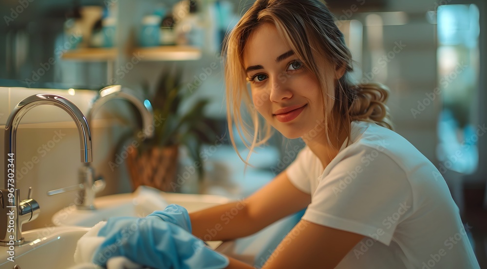 Happy Housework: Lady in Gloves Enjoying a Tidy Apartment Bathroom Happy Housework: Lady in Gloves Enjoying a Tidy Apartment Bathroom