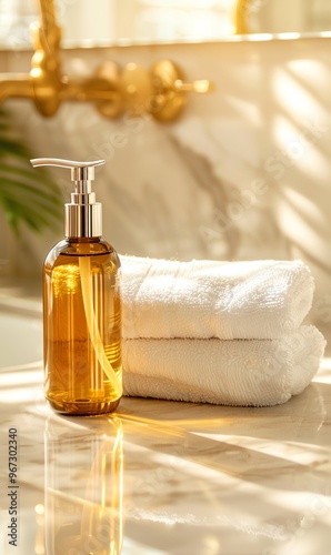 Elegantly arranged soap dispenser beside soft towels on a marble countertop, bathed in warm sunlight, perfect for a spa scene. photo