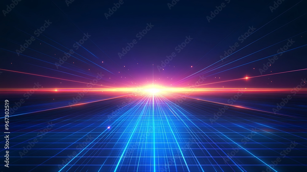 A vibrant abstract visualization of light rays emanating from a horizon, blending deep blue and radiant purple tones. A vibrant abstract visualization of light rays emanating from a horizon, blending deep blue and radiant purple tones.