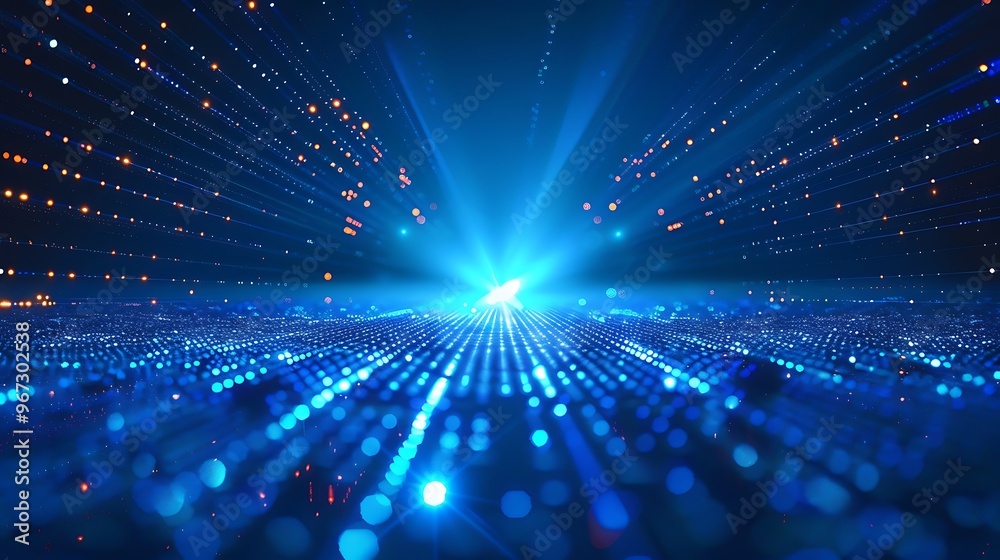 Fototapeta premium A vibrant blue abstract background with dynamic light rays and shimmering dots, ideal for tech, digital, or futuristic themes.