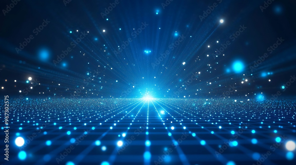 Fototapeta premium A vibrant blue abstract background with glowing light particles creating a futuristic atmosphere.