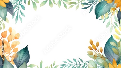 Foliage Frame. Vibrant Watercolor Leaves Border on White Background. Invitation, Greeting Card