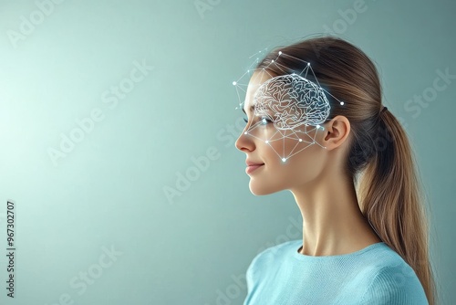 Neurointerface neural signal processing synaptic encoding neural code analysis and neural net young woman with illuminated brain showcasing enhanced cognition through neural stimulation photo