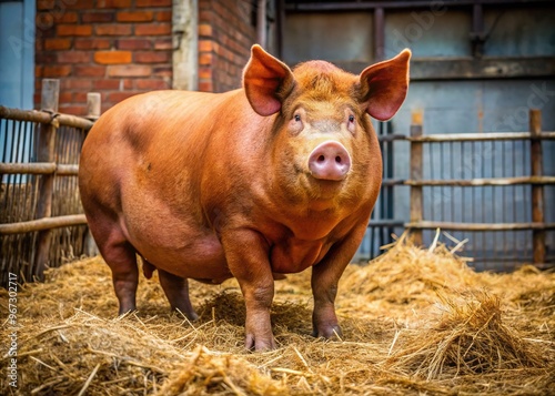 Muscular red pig roots around in the pen, surrounded by a sea of golden hay that falls away with each digging motion. photo