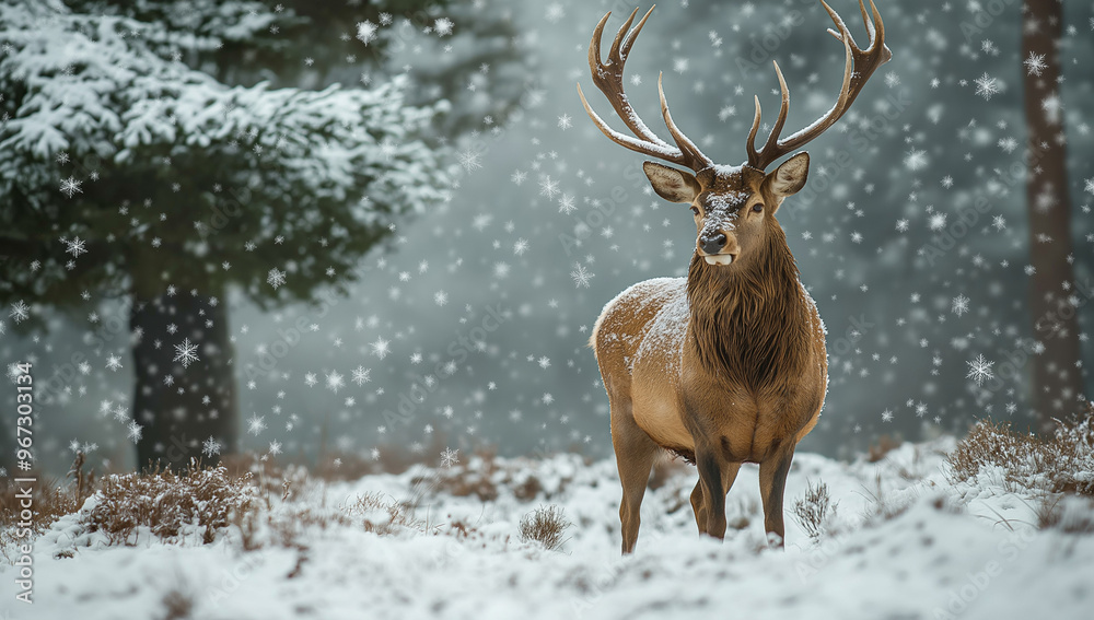 This breathtaking image captures a majestic deer with impressive antlers standing in a snowy forest at twilight. This breathtaking image captures a majestic deer with impressive antlers standing in a snowy forest at twilight.