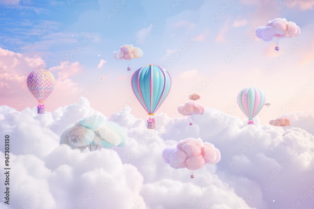 Obraz premium A magical scene of pastel-colored hot air balloons floating among cotton candy-like clouds under a dreamy sky at twilight.