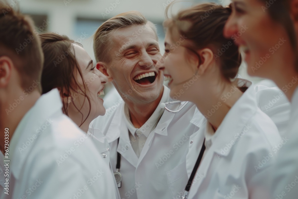 A group of medical professionals in white coats laugh heartily together, capturing a moment of joy and camaraderie amidst their busy routines. A group of medical professionals in white coats laugh heartily together, capturing a moment of joy and camaraderie amidst their busy routines.