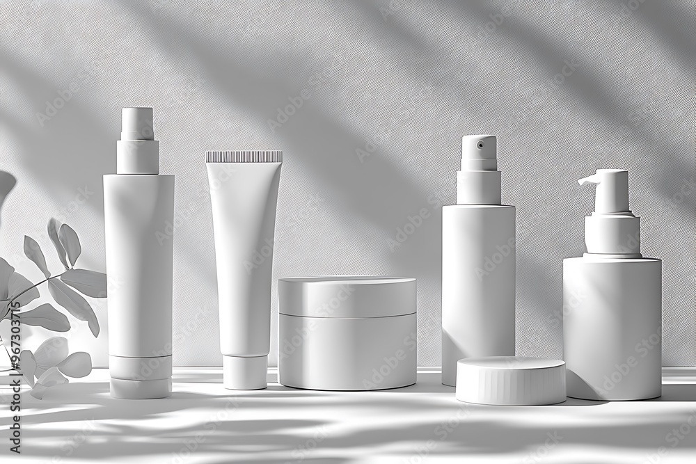 White cosmetic bottles and tubes on a white background with shadows. White cosmetic bottles and tubes on a white background with shadows.